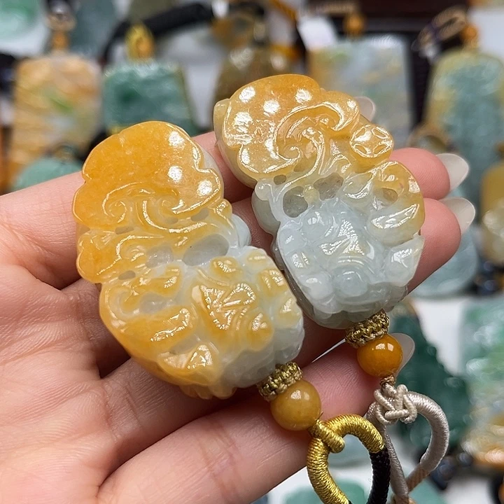 翡翠未镶嵌颈饰貔貅一对