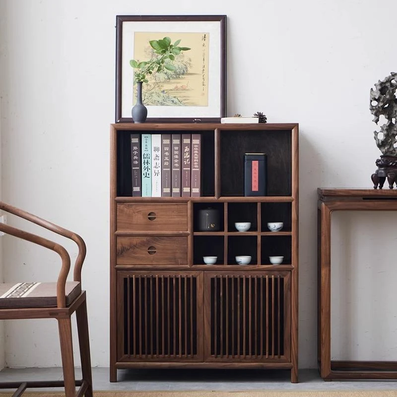 榆木中式收纳柜餐边立柜茶室禅意玄关茶叶收纳实木边柜客厅储物柜