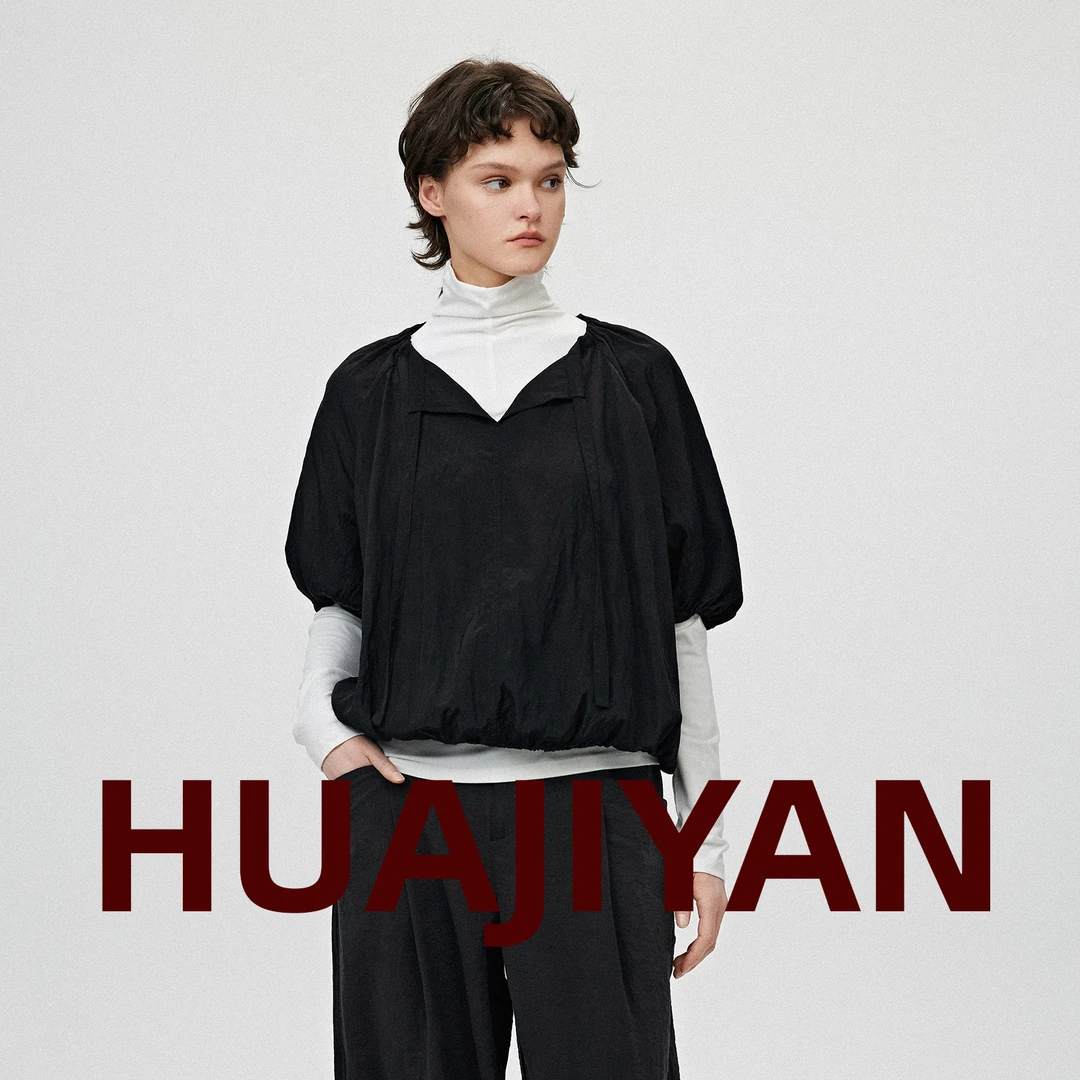 华吉言/HUAJIYAN【袅袅】人棉长丝平纹布插肩袖O型宽松中袖上衣