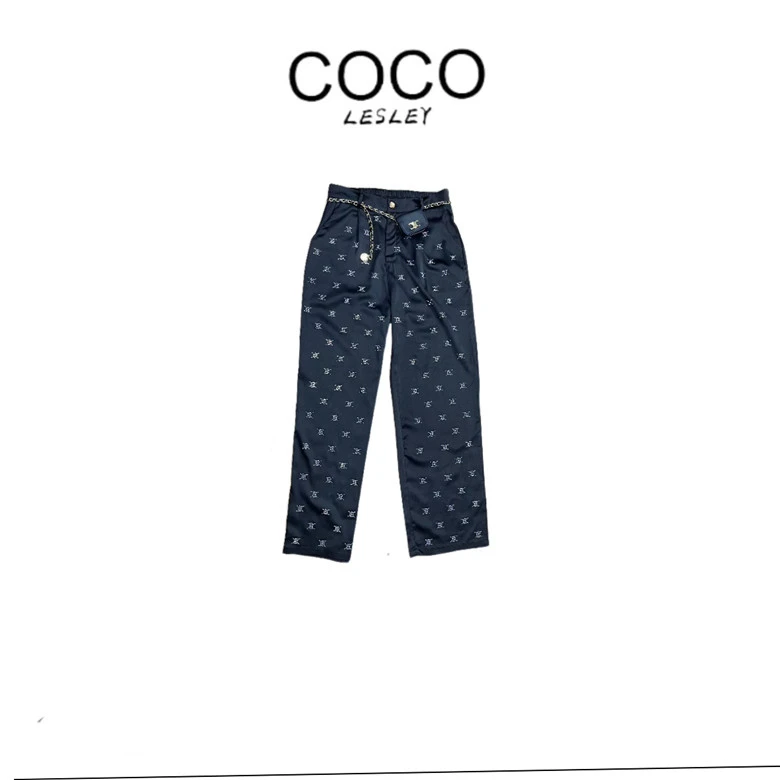 【COCOLESLEY】欧韩时尚设计师夏季冰丝烫钻休闲通勤阔腿裤中腰女裤