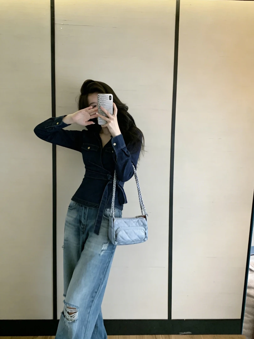 2026春季新款法式翻领牛仔衬衫气质系带收腰显瘦长袖上衣牛仔裤