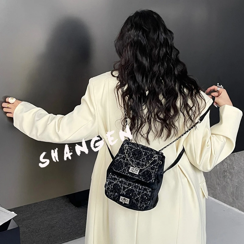 【云云甄选】ZT-D7086-斑澜黑-轻奢时尚百搭女士新款粗呢双肩包