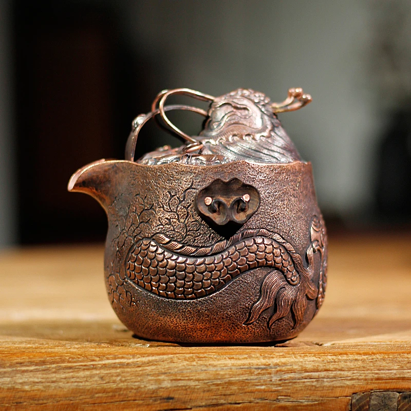 复古手工锻打錾刻龙纹手抓壶中式纯铜泡茶器泡茶壶纯手工家用茶具