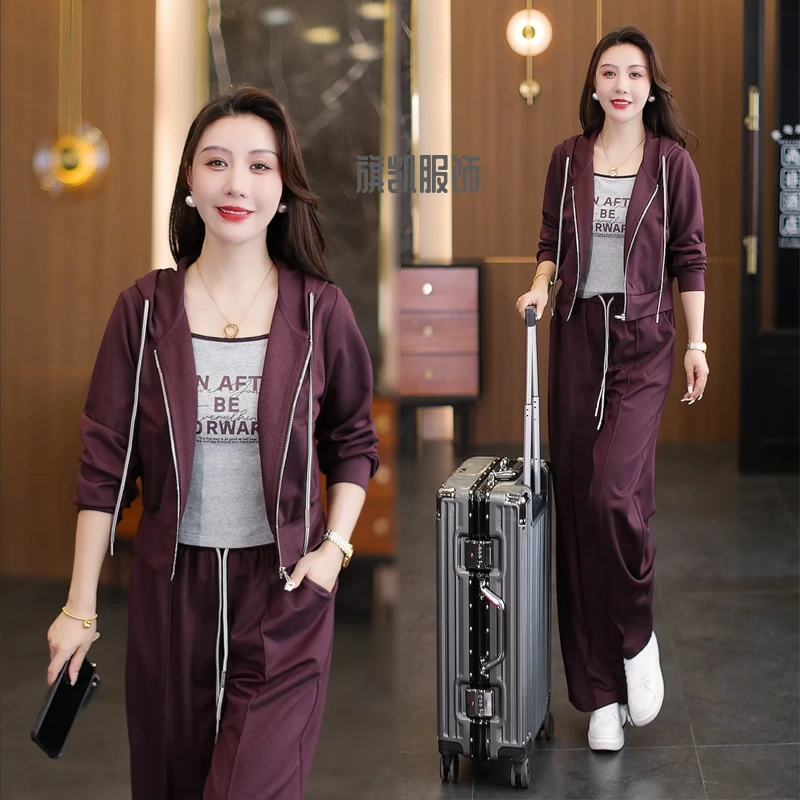 时尚套装女2025秋新款洋气减龄长袖休闲外套百搭直筒裤背心三件套