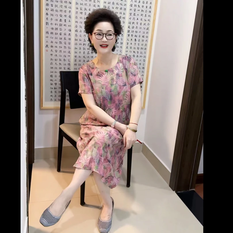 唐姐优选25夏季圆领碎花亲肤透气显瘦印花减龄妈妈装恋夏连衣裙