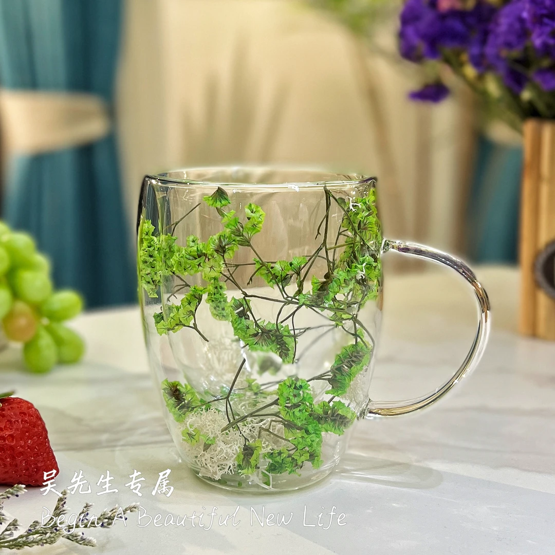 干花杯花朵杯子创意玻璃水杯大容量颜值轻奢品质水杯伴手礼礼物