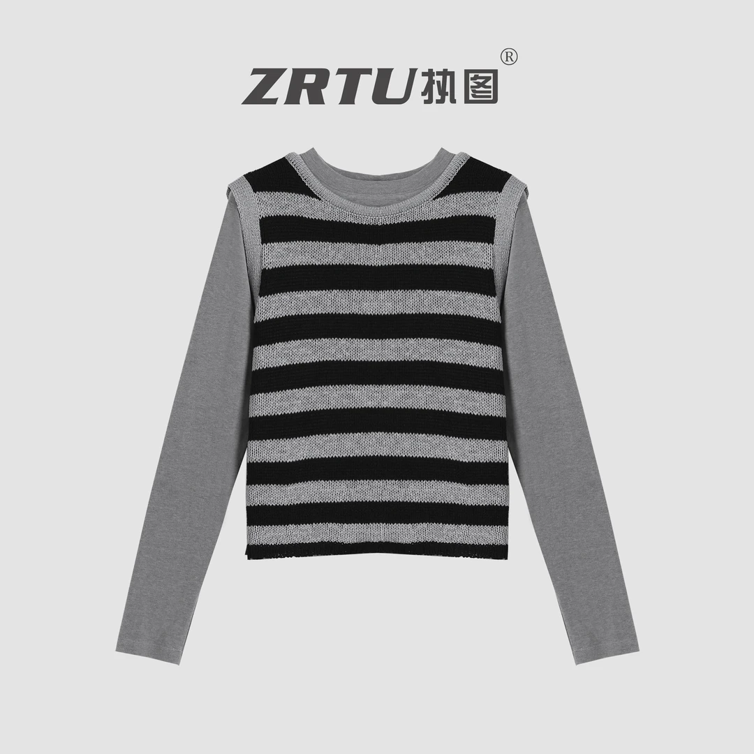 ZRTU/执图2025秋季新款时尚拼接毛针织衫撞色条纹女长袖