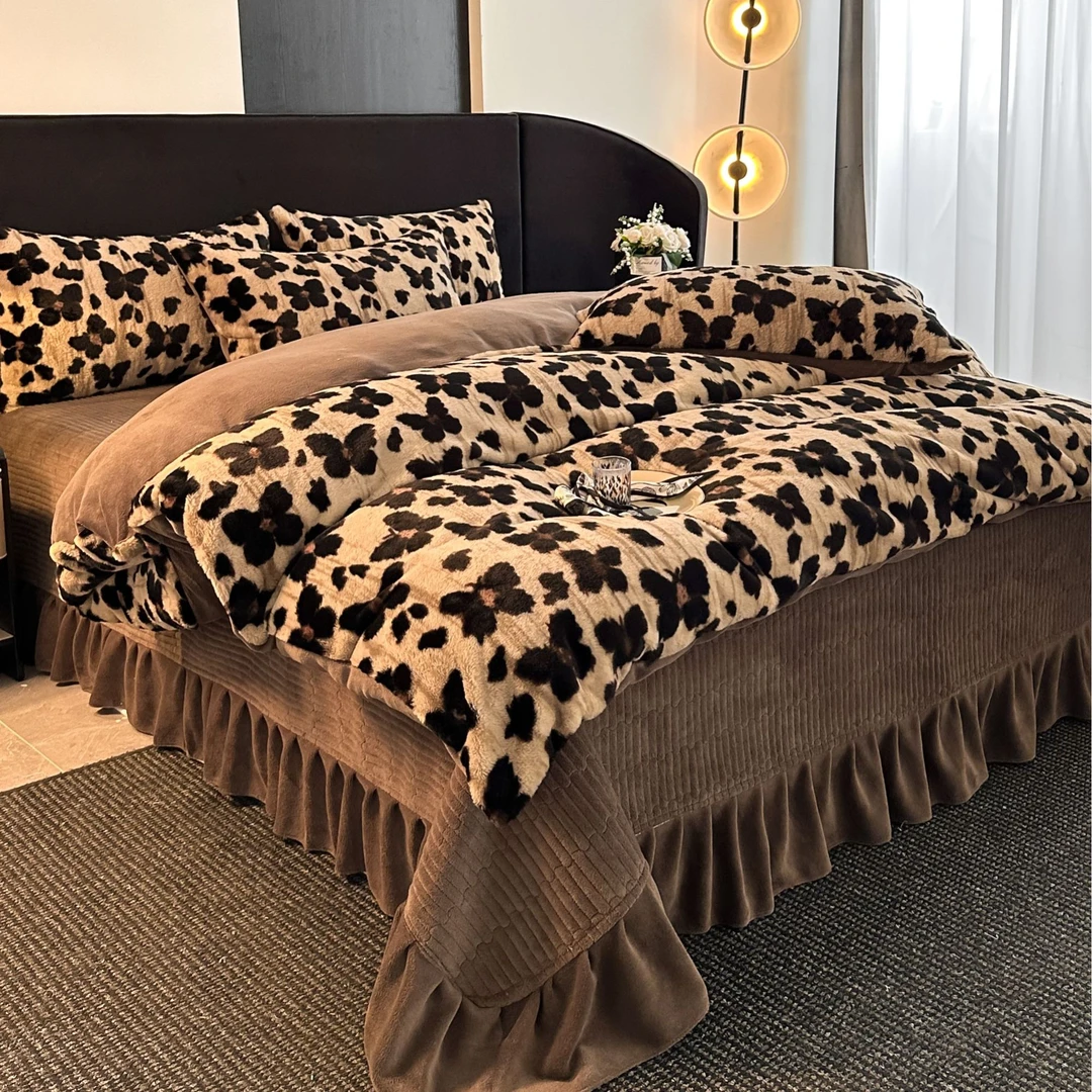 秋冬法式加厚牛奶绒兔毛绒豹纹床盖款四件套床品套件保暖被套轻奢