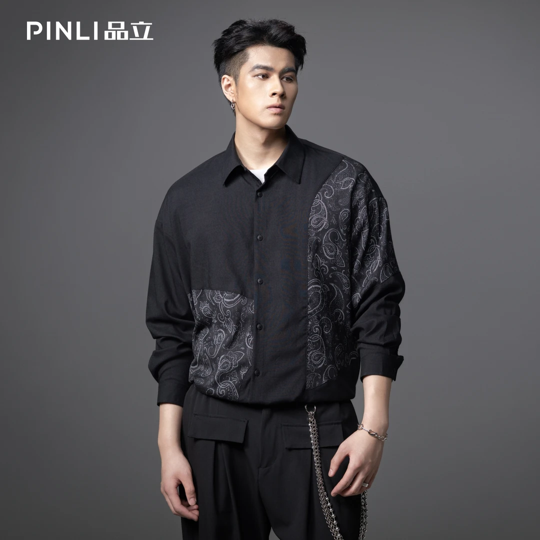 PINLI品立秋季印花拼接长袖衬衫男士休闲时尚黑色衬衣B253113007