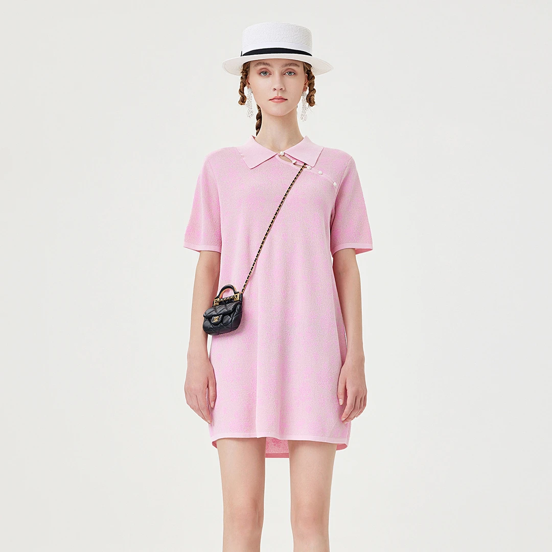 FIVE PLUS连衣裙女设计感提花短袖翻领针织裙气质女2WA3081160