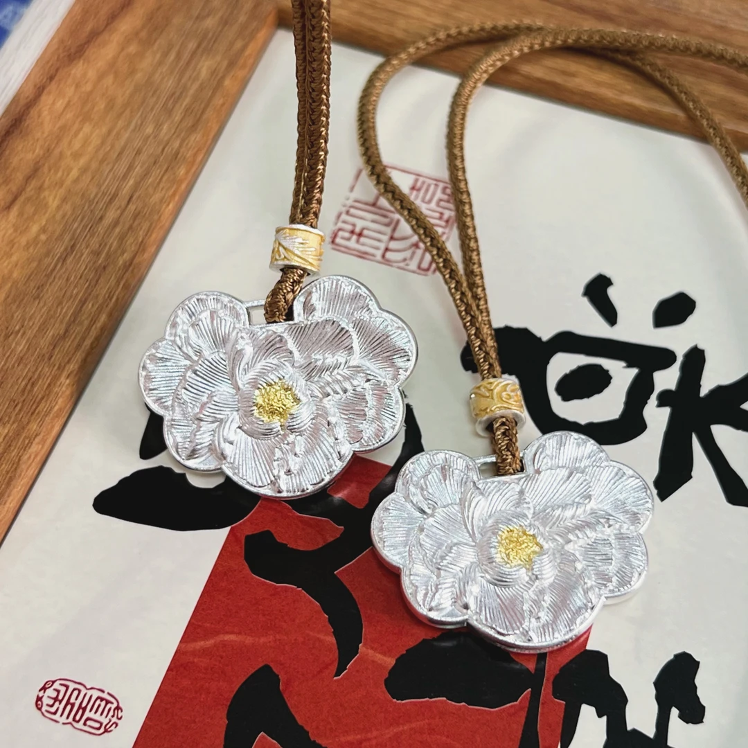君派 吊坠足银 【双面同款牡丹】足银999.9新中式新款精致牡丹吊坠