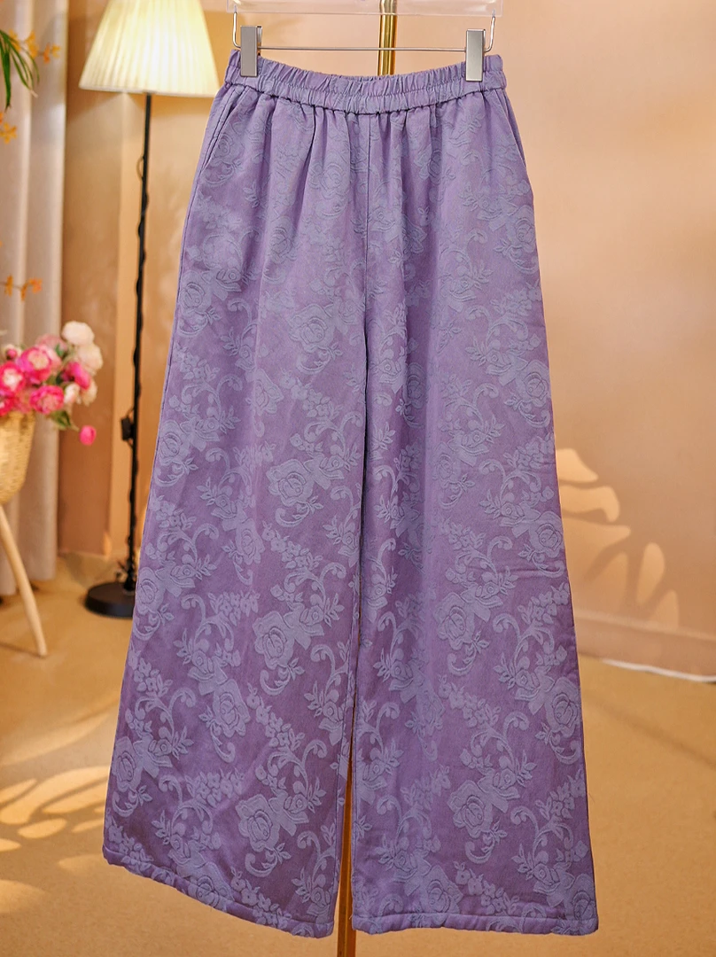 [轻奢裤]新中式国风秋冬款加绒加厚裤子绣花显瘦直筒裤阔腿棉裤女