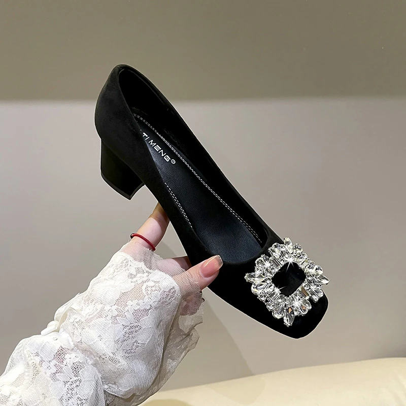 高跟鞋女2025爆款加绒百搭软底浅口方扣粗跟方头黑色职业工作鞋子