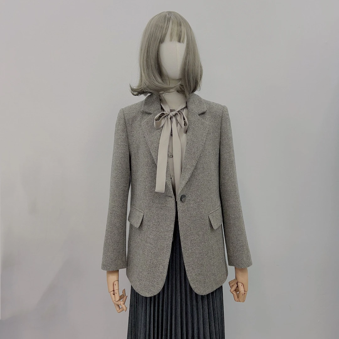 秋冬新款羊毛人字格西装外套休闲西装高端西装大气简约百搭西装