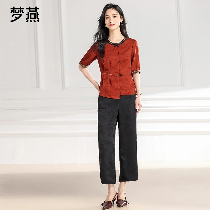 梦燕夏季女款宽松休闲气质百搭妈妈装显瘦舒适时尚套裤BB04B5008