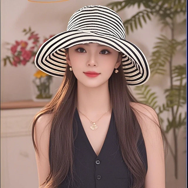 2025新款遮阳帽子女春夏韩版百搭防晒帽出游遮脸太阳帽条纹渔夫帽