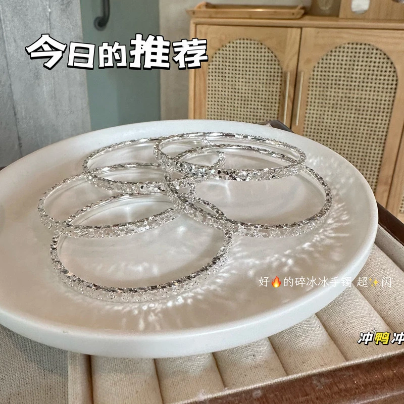 足银手镯 三面碎冰冰手镯足银999实心纯银手镯女碎银子送闺蜜女友