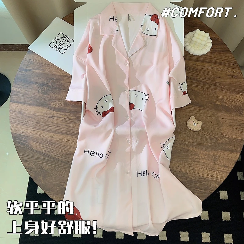 KT猫睡衣女夏季短袖中长款少女冰丝连衣睡裙少女夏天新款家居服薄
