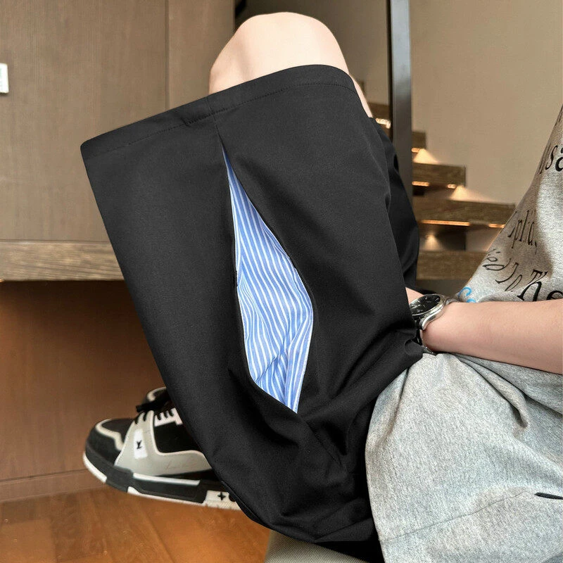 美式潮牌条纹拼接短裤男夏季薄款设计感小众宽松直筒休闲五分中裤