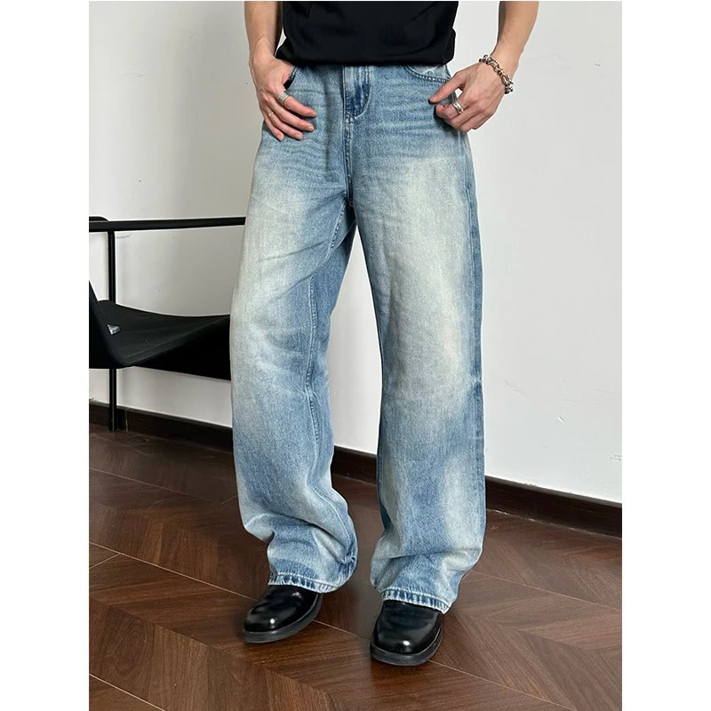 【EME】【牛王系列】夏季直筒宽松“奶白水波纹”自然猫须做旧蓝牛仔裤