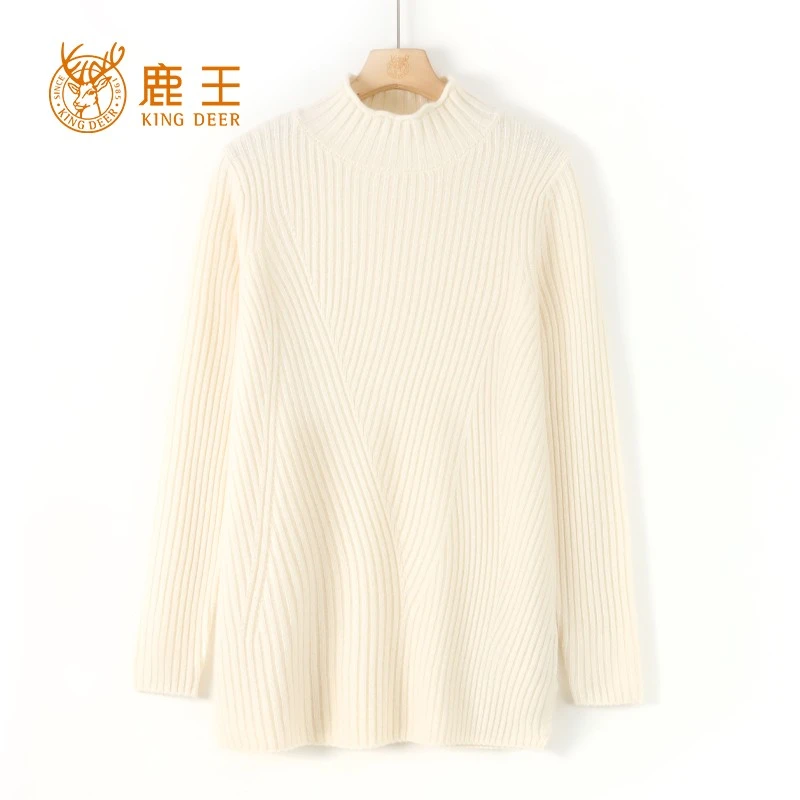 编码LW8054鹿王女半高领100山羊绒时尚休闲中长款针织套衫 加厚