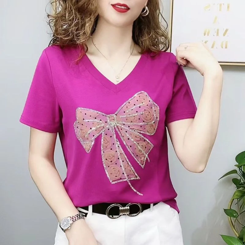 时尚洋气妈妈装宽松V领正肩短袖t恤女夏休闲中年减龄遮肚显瘦上衣