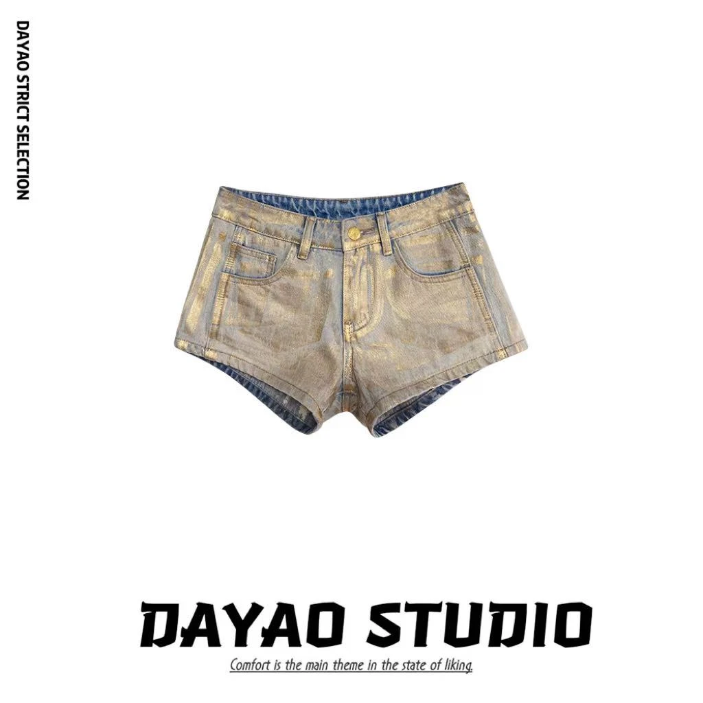 【鎏金】新款复古烫金牛仔短裤