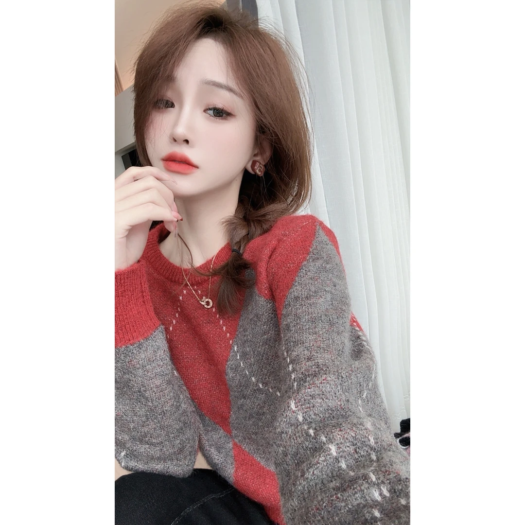 【CHEN】洋气设计感菱格拼色提花毛衣慵懒时尚减龄针织衫24122904