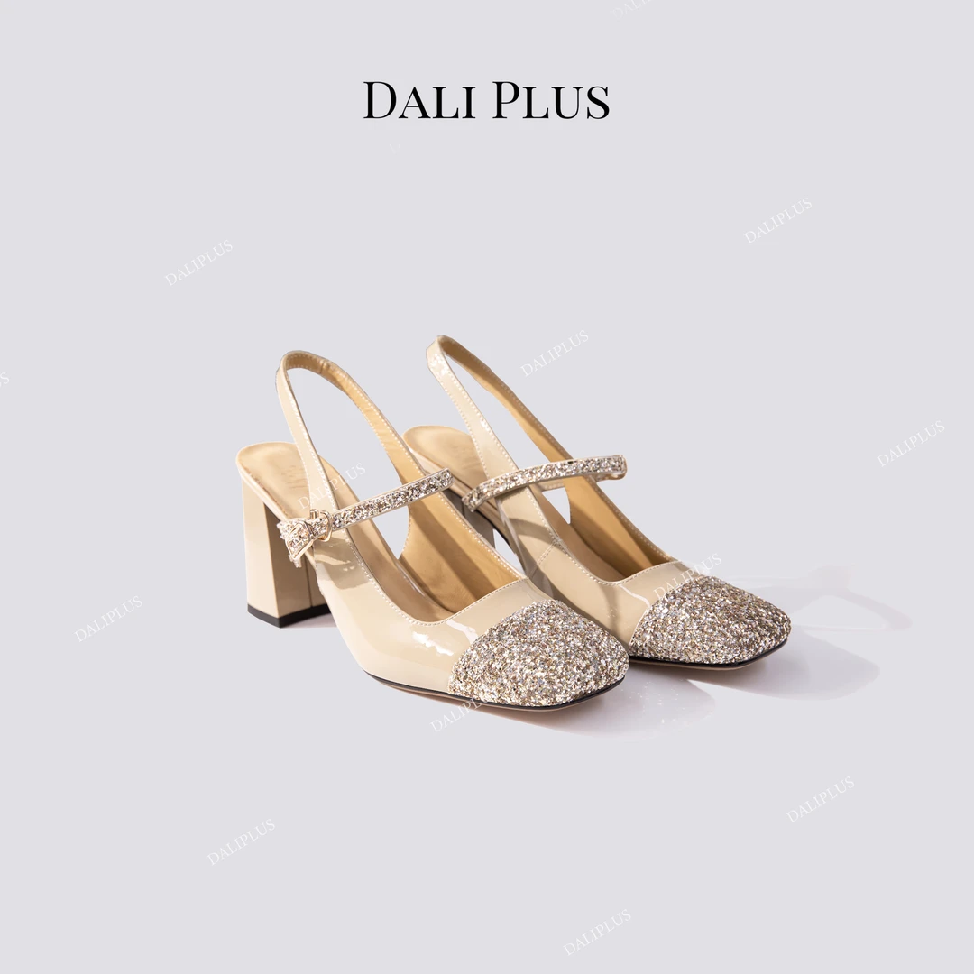 DALI PLUS亮片拼色仙女风夏粗跟方头气质高跟时尚包头凉鞋-2181