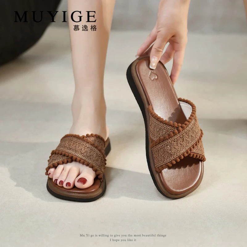 夏季编织凉拖鞋2025新款厚底交叉外穿时尚轻便防滑一字带简约拖鞋