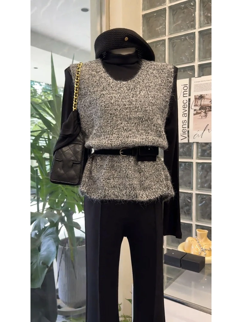 高级通勤风气质长袖t恤打底衫针织马甲女2025秋冬新款上衣两件套