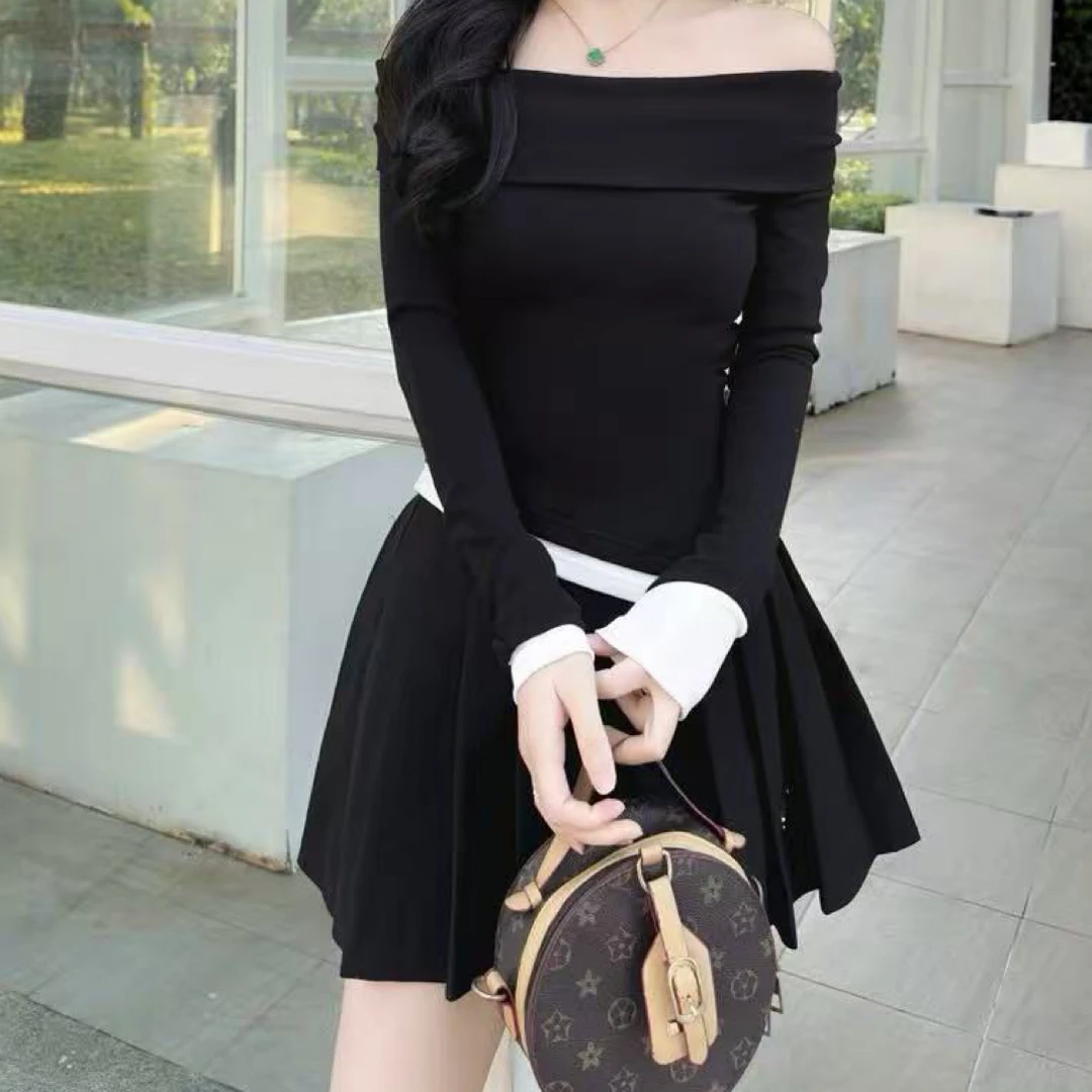 D50361常规款拼接长袖气质时尚一字肩上衣