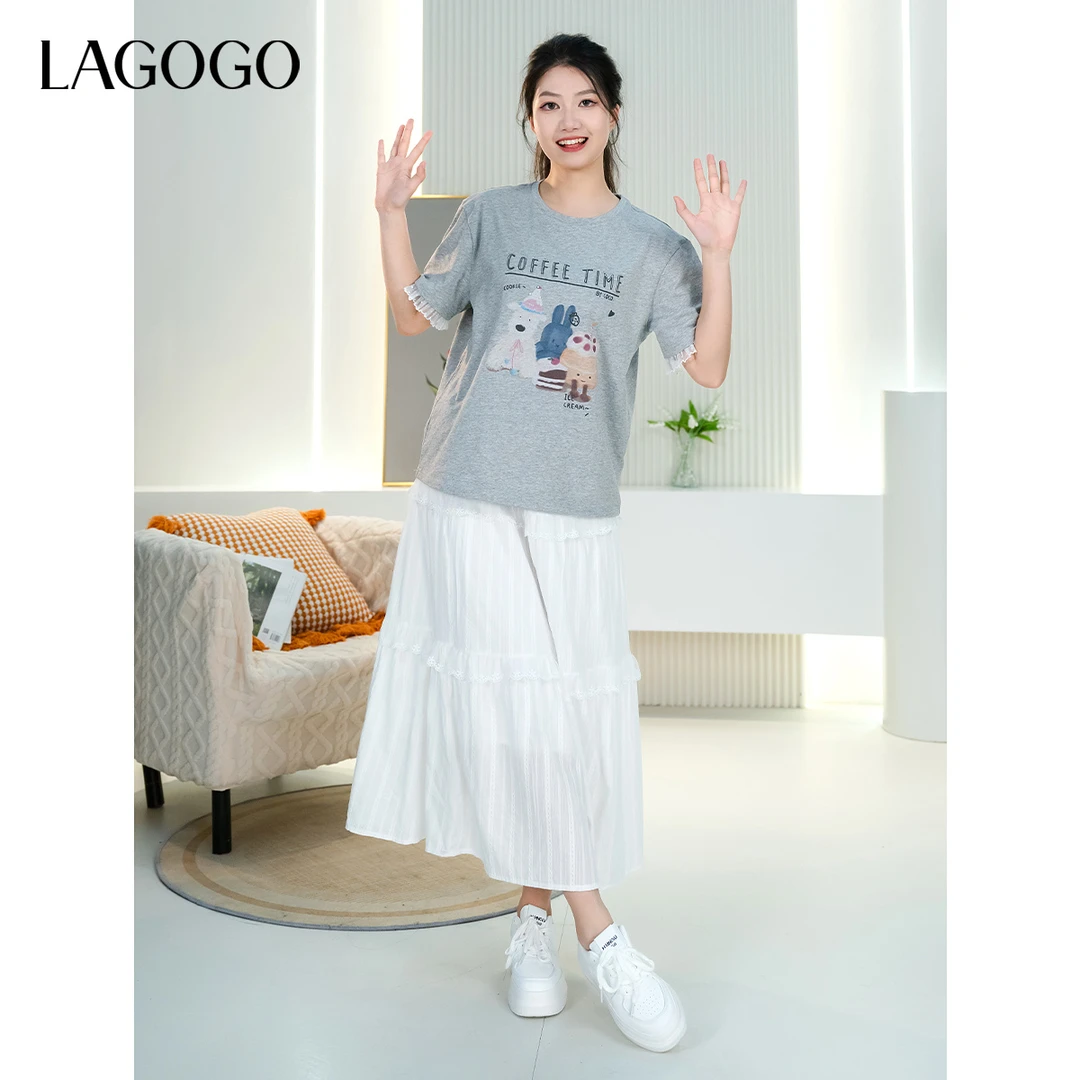 lagogo拉谷谷2025年新款百搭仙气半裙T恤蕾丝两件套女OABLJT4WD7