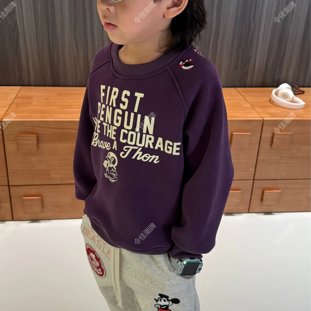 令佳潮牌秋冬儿童中性时尚卡通企鹅字母印花加绒圆领卫衣卫衣3277