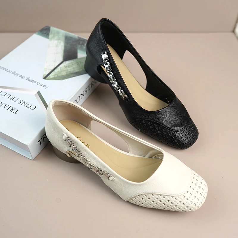 真皮牛皮夏季透气中空凉鞋浅口镂空中跟粗跟时尚凉鞋1662