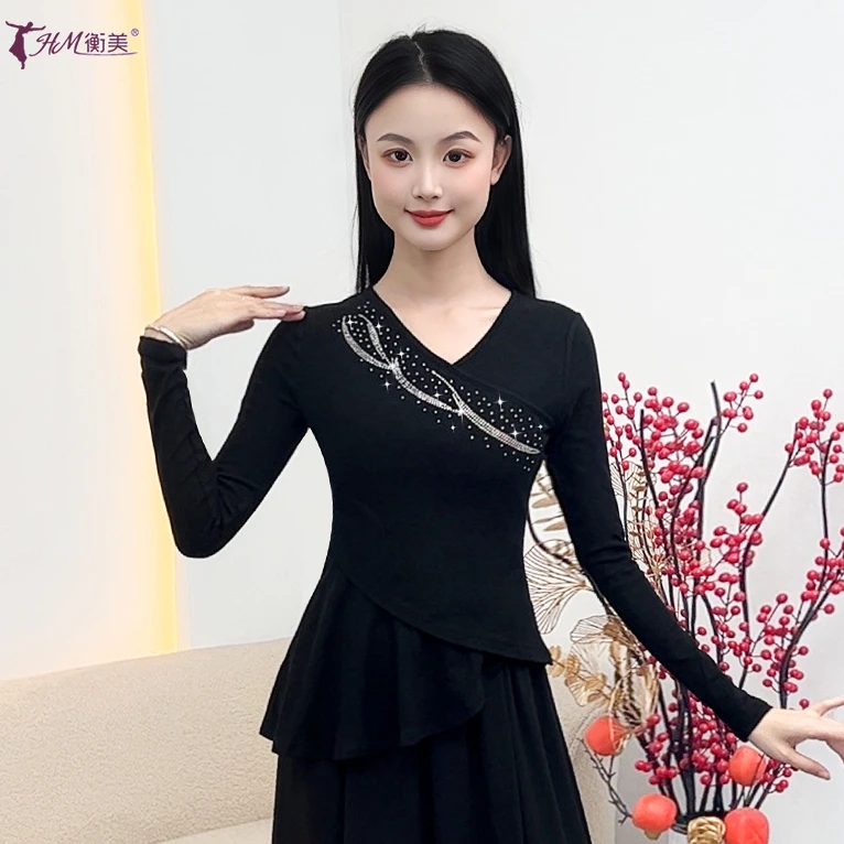 新款中国古典舞练功服修身烫钻上衣成人女形体国风长袖现代舞服装
