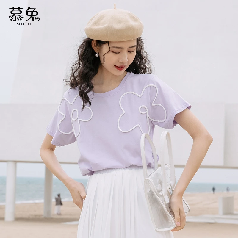 慕兔设计感小众紫色短袖t恤女2025年夏季新款法式宽松别致上衣t桖