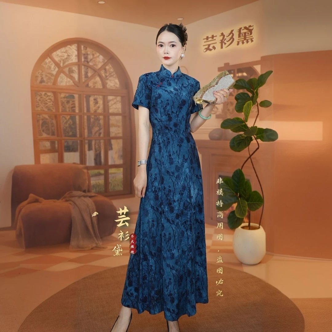 【蓝冰玫瑰，单层夏款】妈妈国风改良显瘦女款新中式通勤旗袍连衣裙