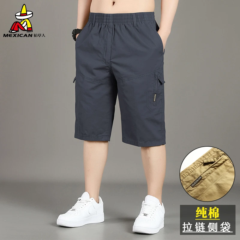 Mexican/稻草人夏季纯棉工装短裤男新款百搭七分裤潮流时尚休闲裤