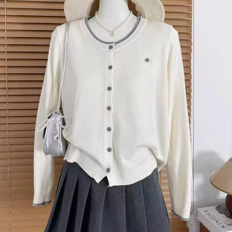 早秋春秋撞色假两件针织开衫外套上衣女秋季新款韩系简约气质百搭