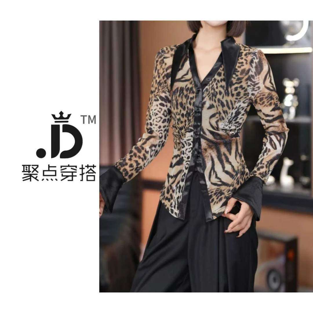 JUDIAN-【危险美学】气质百搭收腰显瘦豹纹印花长袖衬衫8jd00048