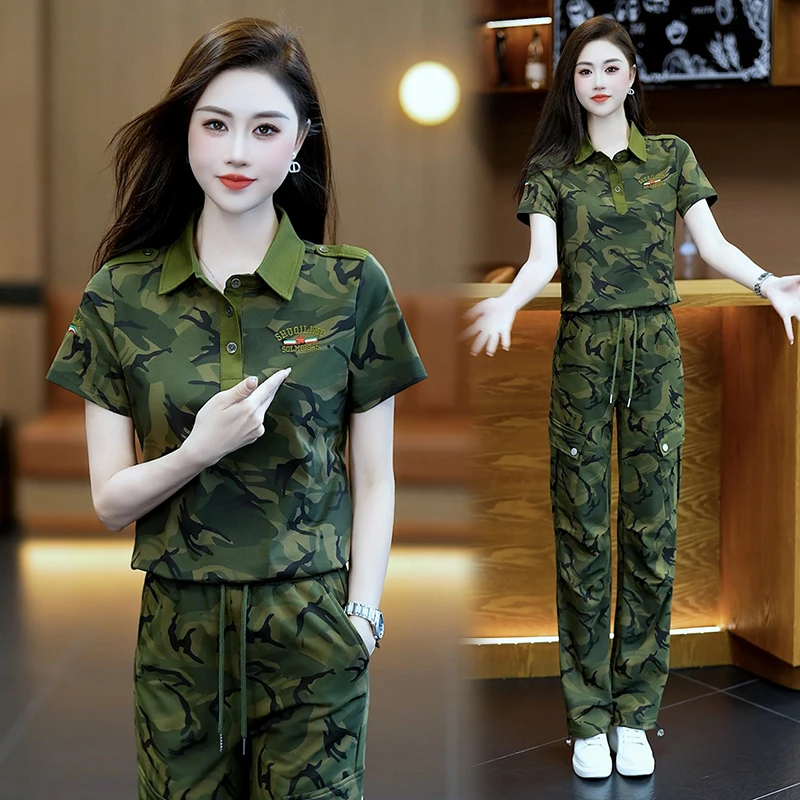 休闲迷彩服套装女短袖2025夏季新款宽松大码水兵舞演出服时尚工装