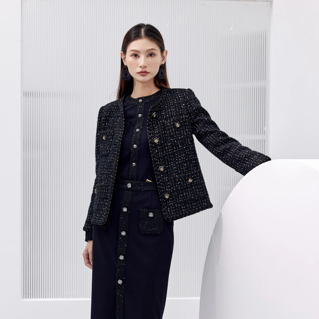 GIRDEAR/哥弟秋季网格纹黑金气质复古粗花呢小香风短外套1400042