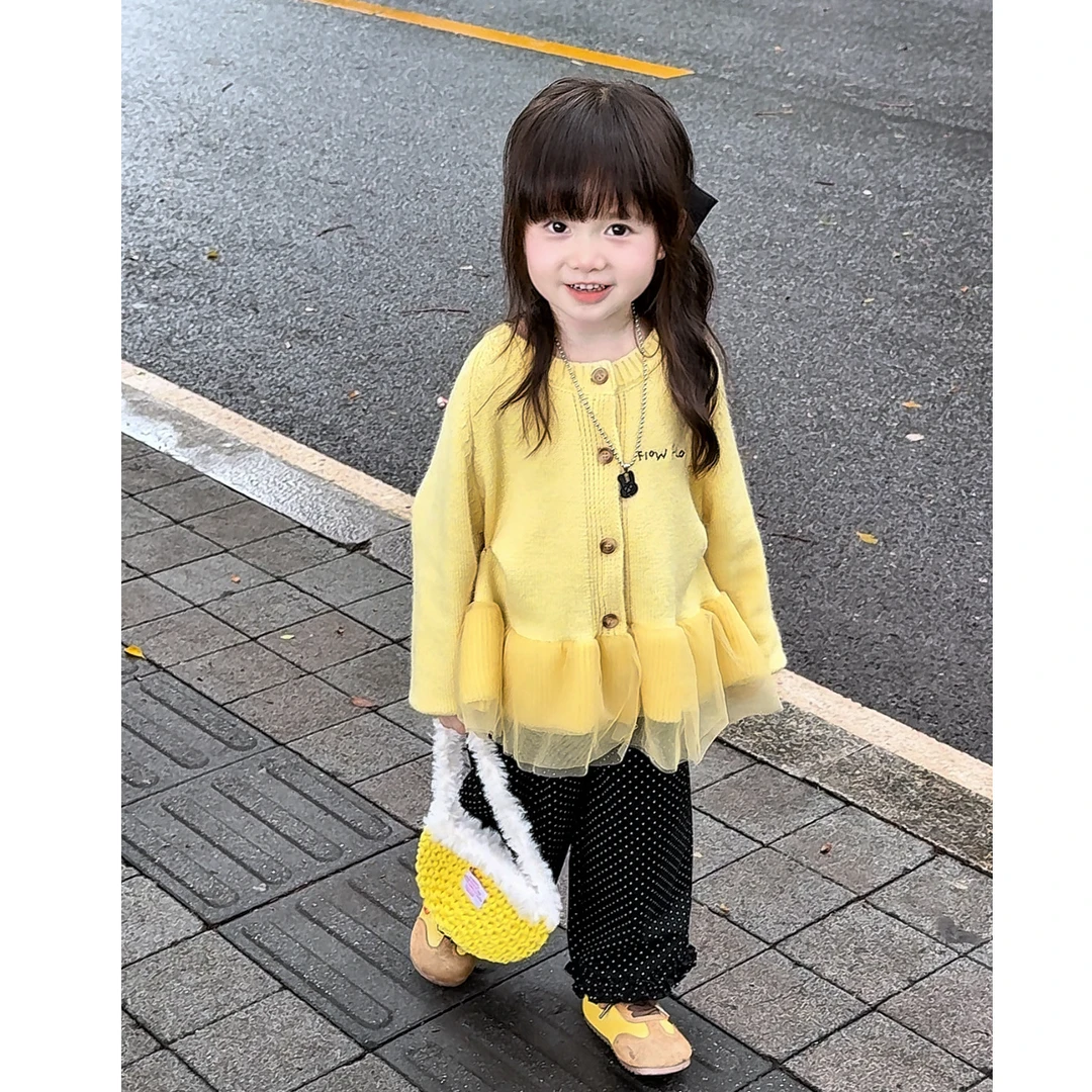 女童毛衣儿童针织衫秋装2025新款黄色洋气时髦开衫女孩宽松上衣潮