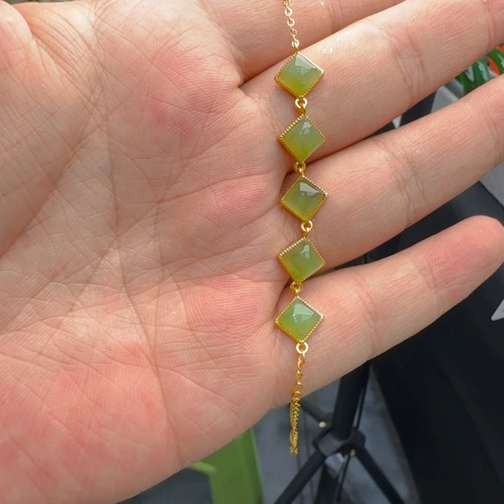 和田玉（碧玉）手链银S925镀金镶嵌