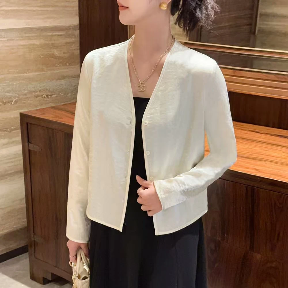 【随心搭】春高级设计感褶皱丝滑V领薄外套女名媛长袖开衫气质上衣