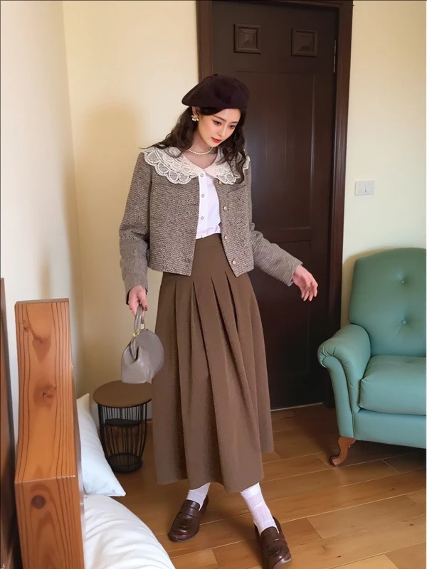 大码女装300斤胖MM小香风外套衬衫半身裙三件套装66558