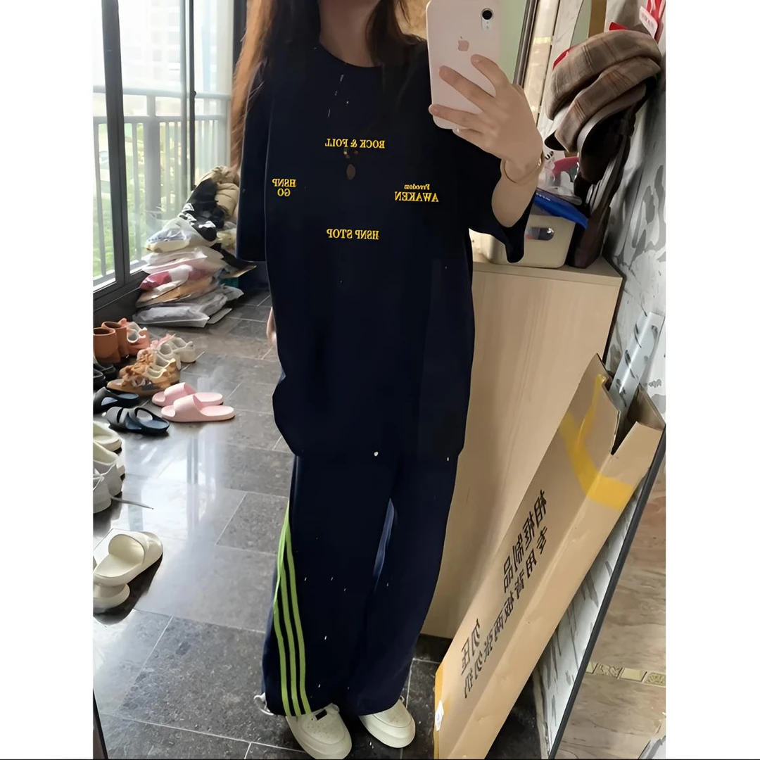 HSNP纯棉重磅潮牌字母印花短袖t恤女宽松oversize美式高街上衣ins