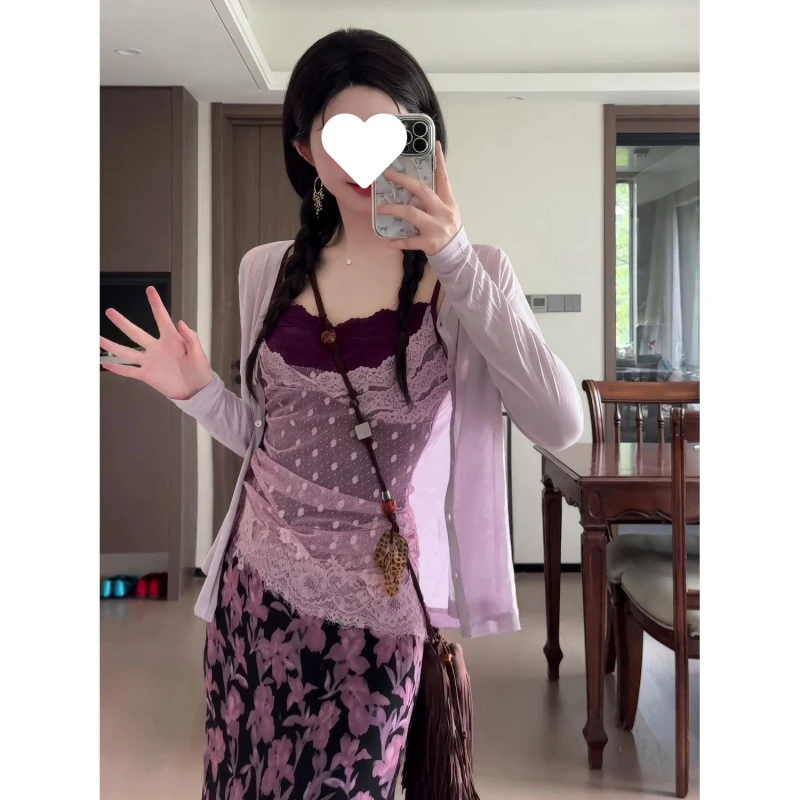 【运补4-9米】波点蕾丝背心吊带裙女装套装时尚纯欲风显瘦气质撞色