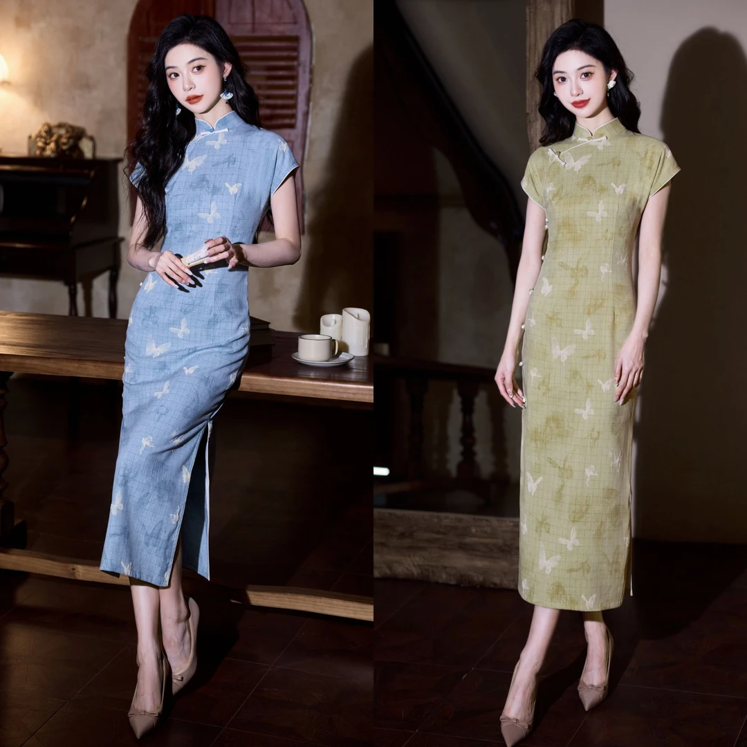 【华夫人】泡泡玉带蝶 长款 双色减龄修身款 日常中国风 改良旗袍